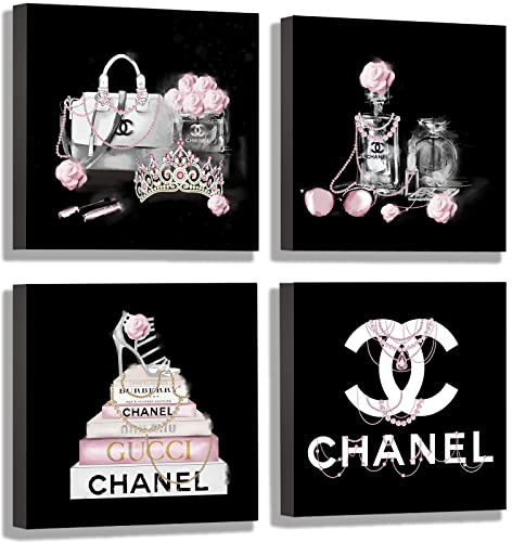 Meetdeceny Black And White Wall Art/Pink Book Pictures Room Decor for Teen Girls/Women Handbag Perfume Wall Decor for Living Room/Fashion Canvas Artwork Size 10x 10x 4 Pieces