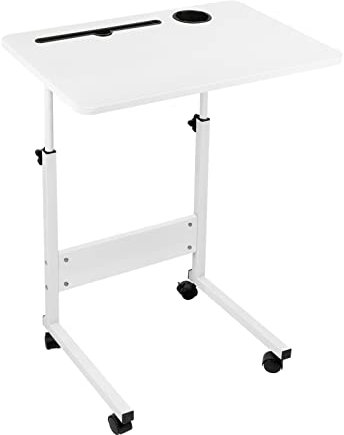 HaodaCulture Beistelltisch mit Rollen, 60x40cm, Laptoptisch mit Rollen, höhenverstellbarer PC Tisch, Mobiler Schreibtisch mit Tablet-Schlitz und Cup, Computertisch Tisch fürs Sofa Weiß