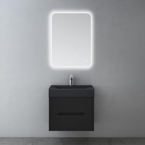 Mai & Mai Badmöbel-Set Waschtisch mit Unterschrank 60cm | Badezimmermöbel mit Softclose Schubladen in Matt Schwarz inkl. Mineralguss Waschbecken und LED-Spiegel Yoga