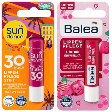 SUNDANCE X BALEA 2er-Set Lippenpflege: CARIBBEAN FEELING Pflegestift Tropischer Duft mit Sonnenschutz LSF 30 (4,8 g) + I LIKE YOU CHERRY MUCH Pflegestift mit Duft nach Kirsche (4,8 g), 9,6 g