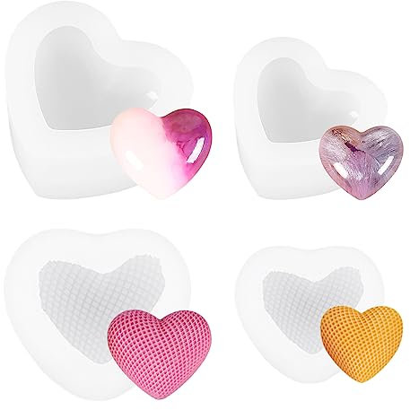Suuwwn Stampo in Silicone a Forma di Cuore - 4 Pezzi 3D per Resina, Candele, Sapone, Dolci, Cubetti, Ghiaccio - Stampi Epossidica