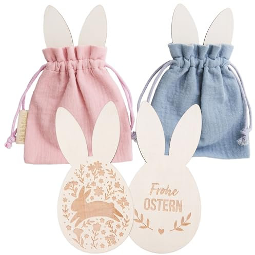 Papierdrachen 2 Ostersäckchen in Hasenoptik - 13x15 cm - Musselinoptik in rosa und blau - inklusive hochwertiger Holzcutouts - Altzernative zum Geschenkpapier