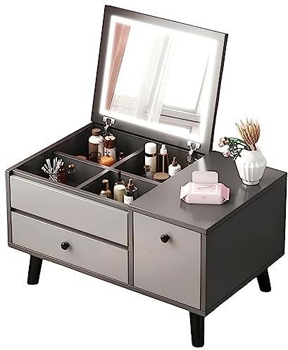 Kleiner Schminktisch mit Flip-Top-Spiegel, Schiebeschienen Schubladen und extra Storage-Organizer, Dual-Use Contemporary Design Schminktisch für Schlafzimmer, Bay Window