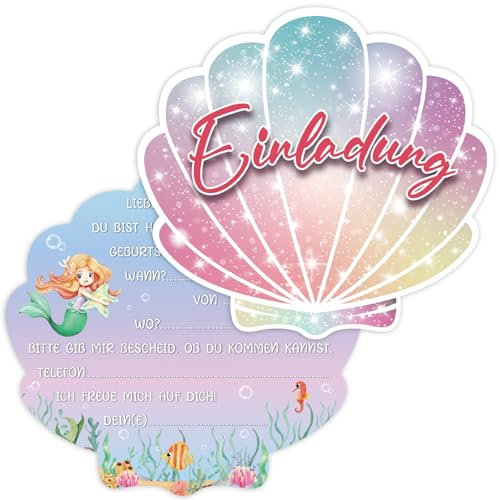 Fowecelt Muschel-Motiv Einladungskarten Kindergeburtstag Mädchen - 15 Regenbogen Muschel-Motiv Einladungskarten Meerjungfrau Geburtstag Party für Mädchen und Jungen Kinder Geburtstagsfeier