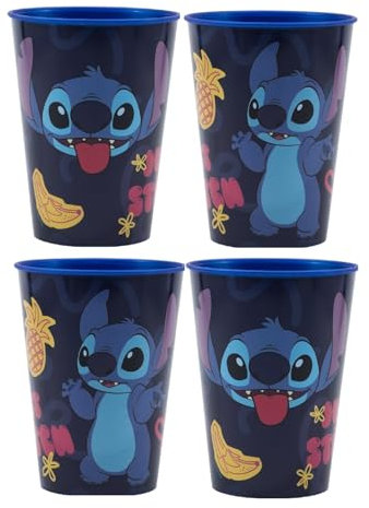 Golddunes 4pc Cups 260ml Cartoon Character Drinking Party Pack, Tumbler Re-Usable Plastic (Dark Blue Stitch)