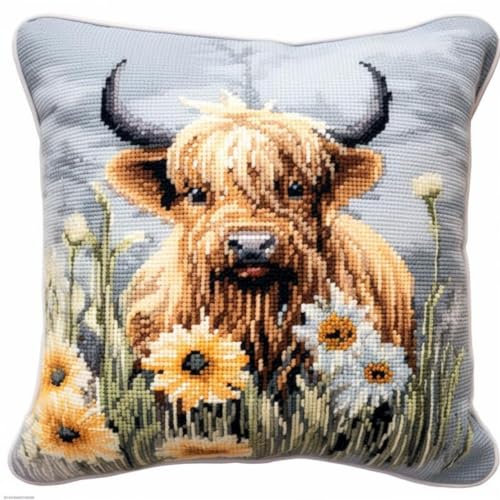 Diy Knüpfen Set Erwachsene Kissen Hochland Rinder Und Blumen Latch Hook Kits Kissen Tier Diy Handgemachtes Kissen H?kelgarn Stickerei Latch Kit Kissenbezug 17X17In B