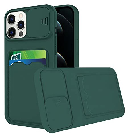 Wousunly Compatible with iPhone 15 Pro Case with Card Holder, Phone Case for iPhone 15 Pro Shockproof with Sliding Camera Lens Protector Cases Silicone Bumper Cute Ultra Thin Cover (Dark green)