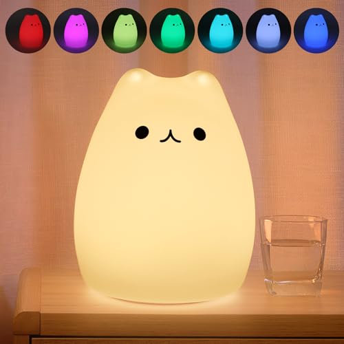 Veilleuse pour Enfants, Lampe de Chevet en Forme de Chat Mignon, 7 Couleurs Changeantes Avec Contrôle Tactile Veilleuse Bébé, Lampe de Chevet À Piles En Silicone Doux pour Bébés Filles Garçons Enfants