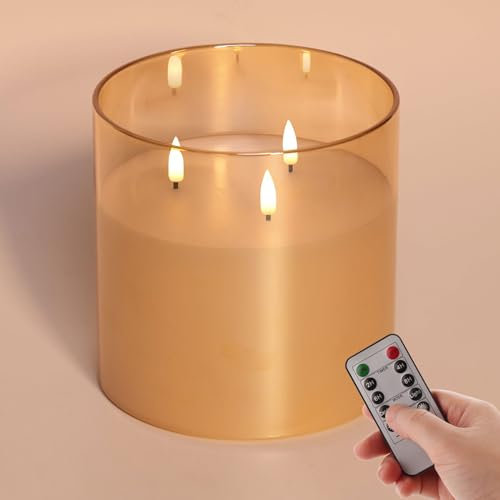 Eywamage Flammenlose Kerze mit 3 Dochten, goldfarben, mit Fernbedienung, große flackernde LED-Stumpenkerze, Φ 15,2 cm, H 15,2 cm