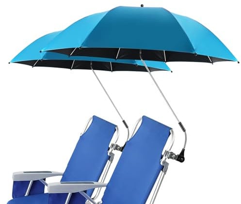 panthem 2PCS Sombrilla Playa para Silla con Abrazadera Universal, UPF 50+ 360 ° Ajustable Parasol Terraza, Sombrilla de Jardín para Patio Balcón Piscina Exterior, Azul claro, sin silla