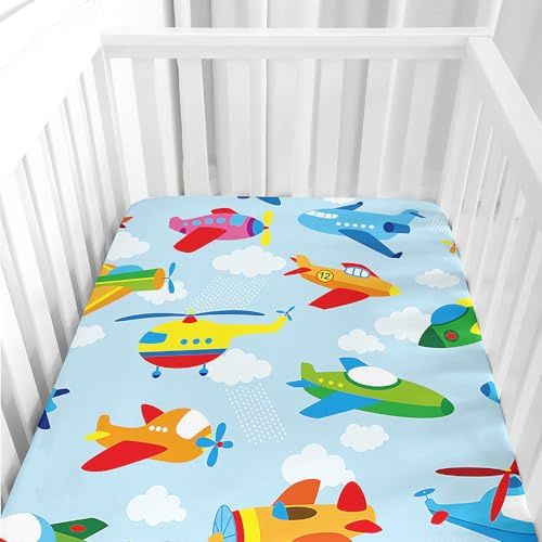 Hiseng Baby Spannbettlaken Bettlaken für Runde & Eckige Matratzen, Mikrofaser Cartoon Spannbettlaken Kinderwagen Unisex Matratzenschoner für Beistellbett & Kinderwagen (Flugzeug,80x160cm)