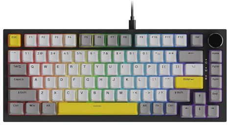 AJAZZ AK820 - Teclado mecánico con junta RGB 75% con cable con perilla de volumen, teclado compacto de intercambio en caliente de 82 teclas, teclado PBT de perfil OME, cable tipo C desmontable (gris y