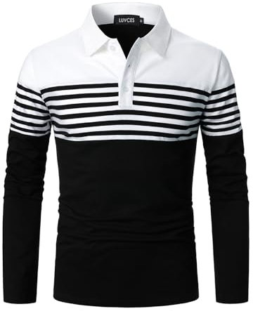 LUVCES Polo Manche Longue Homme Rayés Casual Coupe Ajustée Polo de Golf Couleur Contrastée Coton T-Shirts Tops Manches Longues Blanc + Noir M