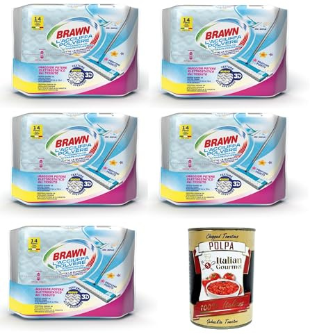 Brawn Acciuffapolvere Staubfangtücher – ideal für alle Oberflächen – Brawn – Blumenduft – mit Neemöl, Lavendelöl und Geranie 5 Packungen mit 14 Einheiten+ Italian Gourmet polpa 400g