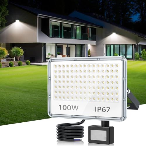 TASINUO Projecteur LED Exterieur Detecteur de Mouvement 100W, Spot LED Extérieur Detecteur de Mouvement 10000LM 6500K, IP67 Etanche Éclairage de Sécurité pour Jardin, Patio, Garage, Entrée