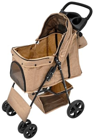 Haustierwagen mit der Fronttasche, abnehmbar, beige, faltbarer Träger, 15 kg Kapazität, Räder, Bremsen, Netzfenster, Korb, Getränkehalter, Taschen und wasserdichter Regenschutz