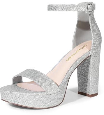 DREAM PAIRS Women's Platform Chunky High Heeled Sandals Open Toe Block Heels Ankle Strap Dress Shoes for Wedding Party Evening,Size 6,Silver-Glitter,DWUMHS2508