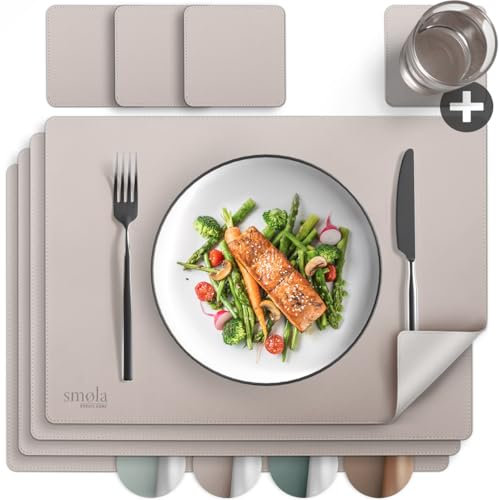 smøla 8-teiliges Tischset aus PU-Leder - inkl. Untersetzer I Platzset Abwaschbar I Platzdeckchen Set in Lederoptik, Tischunterlage für Teller & Gläser I Tischdeko Frühling, Lila/Silber