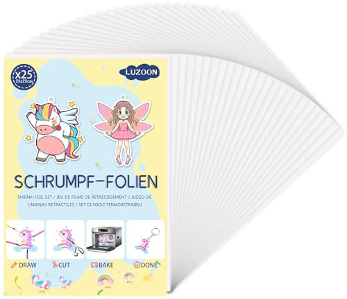 LUZOON 25 Stück A4 Schrumpffolien Durchscheinend Volle Transparenz Nachfüllset Schrumpfende Plastikfolien zum Basteln Schrumpffolienplatten Dicke 0.3mm-Größe 20 * 29 cm (A4-25 Stück)