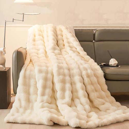 Kunstpelz-Decke aus Kaninchenimitat,Kuscheldecke Flauschig,Luxuriöse Weiche Warme Bubble-Decke,Dicke Und Warme Sofadecke,180×200cm Super Soft Wohndecke Dick Flauschige für Bett,Couch(Milchig weiß)