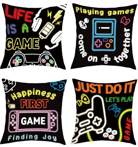 Joymaison Kissenbezüge 45x45 4er Set Gamer Videospiel Gaming Spieler | Deko Kissenhülle Gamer Spiel Controller für Jungen Schlafzimmer Spielzimmer Dekorative Kissenbezug Kissen für Couch Sofa