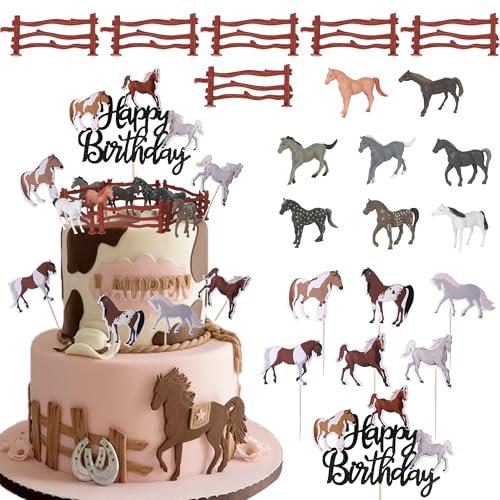 21 Stück Pferde Tortendeko Wild Tier Kuchen Deko Pferde Zaun Geburtstag Cake Toppers Realistisch Mikrokosmos Cupcake Toppers für Safari Thema Baby Dusche Kinder Geburtstag Party Kuchen Dekorationen