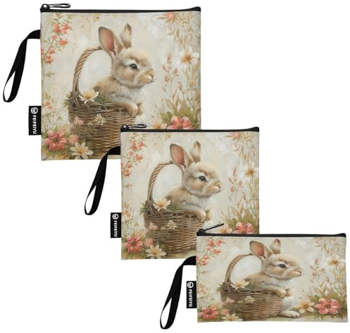 Vintage Osterhase Blumen waschbar Stoff Sandwich- und Snackbeutel wiederverwendbar Reißverschluss Lebensmittelaufbewahrungsbeutel für Schule Büro Reise Arbeit (3er Set:S/M/L)