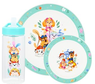 Paw Patrol Water Bottle, Plate & Bowl Set 6m+ White/Teal Colourway BPA Free 3 Piece Dining Set, Reuseable 420ml Straw Sipper, 8.5 Inch Plate, 7 Inch Bowl