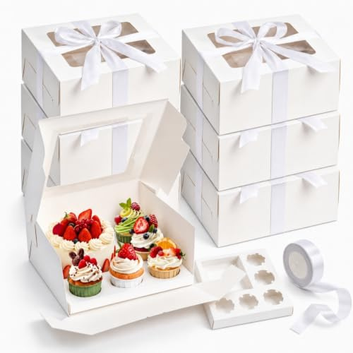 Dicunoy 6 Pack Bento Cake Box with Cupcakes, 5 Inch Cake and 5pcs Cupcake Boxes Combo Box with Clear Lids and White Ribbon, 2 in 1 Cake Containers for Birthday, Christmas Valentine's Day, Picnic