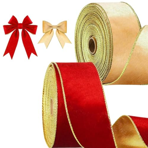 Christmas Wired Ribbon, 2 Rolls Wired Velvet Christmas Tree Ribbons with Gold Edge, 2.5in X 10 Yard, Gold and Red Velvet Ribbons for Gift Wrapping, Christma Tree Decorations & Wreaths