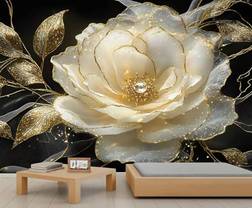 YXQAIED Tapete Weiße Rose 260x175 cm Luxus Rose Fototapete Schwarz Gold Blumen Tapete Schlafzimmer Wohnzimmer Nicht Selbstklebend Wandkunst Wandbilder