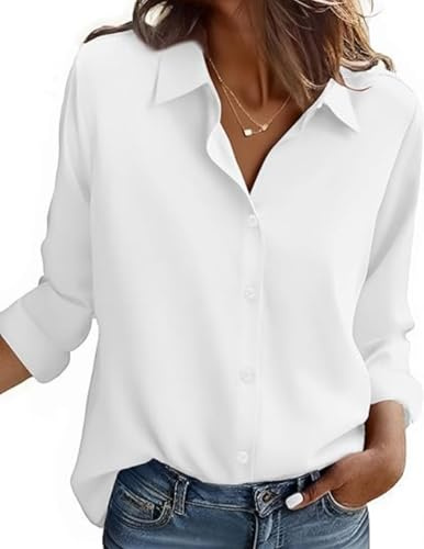 Zeagoo Camisa Blanca Mujer Sin Planchado Blusa Elegante Manga Larga Camisas Blanco M