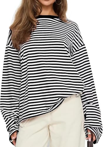 LEEDYA Womens Oversized Striped Sweatshirts Crewneck Long Sleeve Pullover | Women Casual Color Block Sweatshirt, Fall Soft and Skin Friendly Knitted Fabric, Y2k Drop Shoulder Shirts Matches with Jean