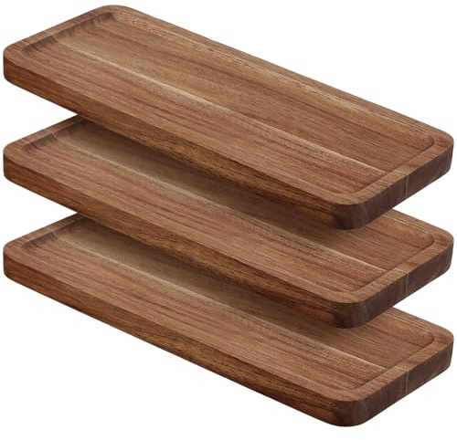 UNGFEI 3 Pack Wooden Serving Tray, 26x10x1.5cm Brown Acacia Wood Trays | for Display Fruit Snacks Appetiser Sushi Food Decor Desserts