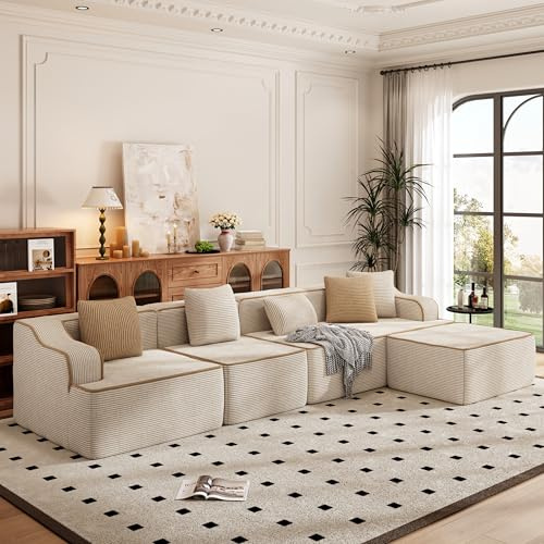 PHI VILLA Ecksofa mit Schlaffunktion Cloud Boneless Couch, 5 Sitzer L Form Modulares Sofa Wohnzimmer Cord Keine Montage Beige