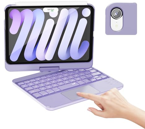 RAYMCRAFT Custodia con tastiera per iPad mini 7 (2024) e Mini 6 (2021), rotazione a 360° per iPad mini 7a/6a generazione, cover con tastiera retroilluminata a 7 colori con trackpad, accensione e