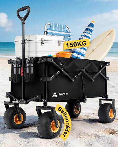 HIKENTURE Bollerwagen Faltbar Strandwagen mit 7,5-Zoll-Luftreifen, 135L Faltbarer Bollerwagen mit 19×10cm Strandräder 150KG Belastbar, Klappbarer Handwagen für Strand Outdoor