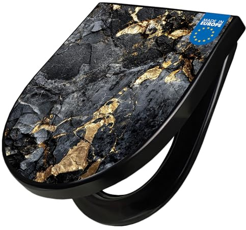 banjado WC Sitz mit Absenkautomatik D Form - Toilettendeckel mit Absenkautomatik D Form - Klodeckel Softclose - stabile Klobrille - Toilettensitz Schwarz - Motiv Schwarzer Marmor mit Gold 1