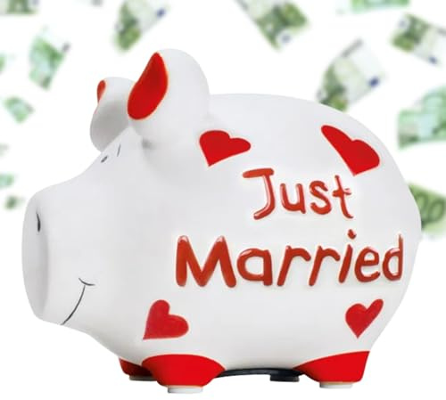 Hochzeit Sparschwein JUST Married weiß, rot - 12,5 cm Erwachsenen Keramik Spardose