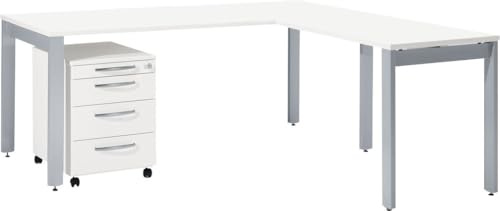 SCHÄFER SHOP Eckschreibtisch Komplettset bestehend aus Schreibtisch, Anbautisch und Rollcontainer 180 x 180 x 74 cm. Schreibtisch l Form Computertisch Weiß