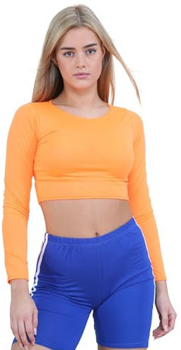 janisramone® Womens Long Sleeve Crop Tops - Soft & Stretchy Classic Crew Neck Tops for Women, Ideal for Casual Or Going Out - Orange