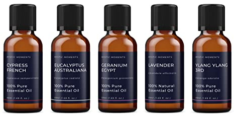 Mystic Moments | Yin Essential Oil Starter Pack | 5x50ml | Five essential oils: Eucalyptus, Geranium, Lavender, Cypress and Ylang Ylang for diffusers, burners and DIY blends.