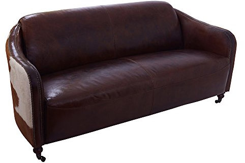Clubsofa Flair 3-Sitzer Vintage-Leder Kuhfell Echtleder Sofa Couch Vintage Cigar (Dunkelbraun), Kuhfell braun-weiß
