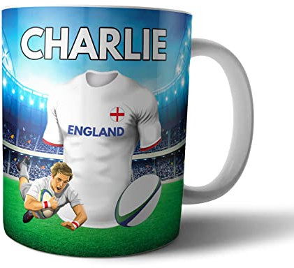 AK Giftshop Personalised Rugby Gift - Tea Coffee Mug - Shirt Themed - England Colours