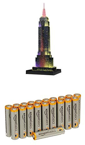 Ravensburger 12566 1 Empire State Building bei Nacht Night Edition 3D-Puzzle Bauwerke, 216 Teile mit Amazon Basics Batterien