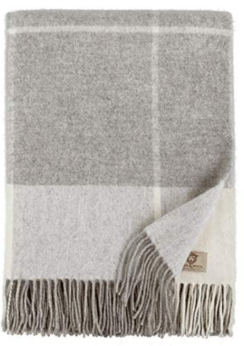 Linen & Cotton Weiche Warme Decke Wolldecke Merino Wohndecke Kuscheldecke Kariert Olivia- 100% Merinowolle, Grau/Weiß (140 x 200cm), Sofadecke/Tagesdecke/Überwurf Sofa/Plaid/Schurwolle