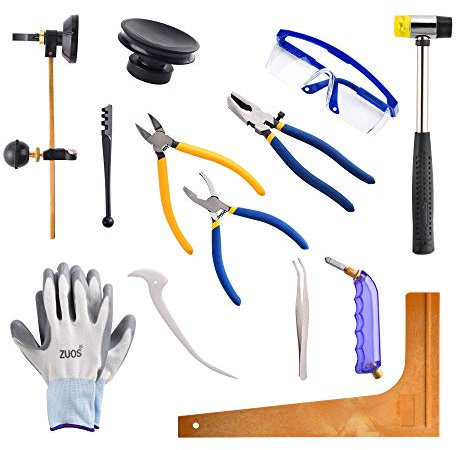 Professional 13 Pieces Mosaic tile and Stained Glass Start-up Tool Set with Carrying Case, Lead Came Kit for Beginner with Cutters, Pliers, Square, Hammer, Fid, Safety Glass, etc