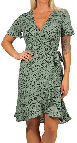 ONLY Damen Blusen Wickelkleid | Lockeres Midi Kurzarm Tunika Dress | Knielang mit Bindegürtel ONLOLIVIA, Farben:Grün-2, Größe:42