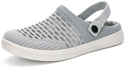 HKR Women's Clogs & Mules Closed Toe Breathable Mesh Slippers Indoor Outdoor Lightweight Flat Garden Sandals Summer Light Grey UK 8