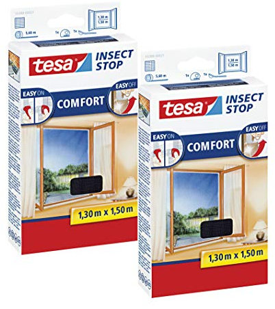 tesa Insect Stop COMFORT Fliegengitter Fenster - Insektenschutz mit Klettband selbstklebend - Fliegen Netz ohne Bohren (130 cm x 150 cm, 2er Pack/Anthrazit (Durchsichtig))
